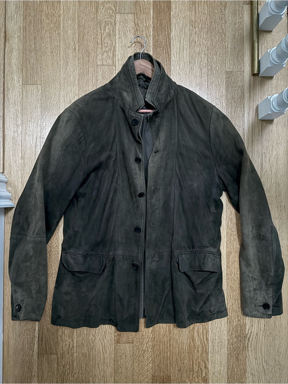 All Saints Men's Dark Olive Suede Button-Front Jacket - Picture 3 of 5